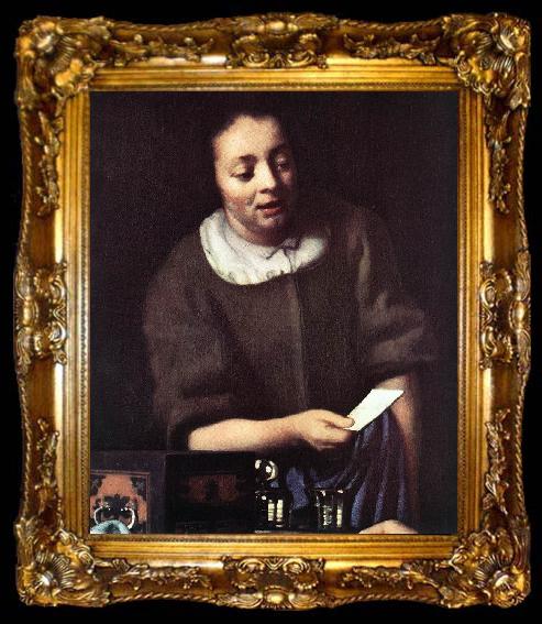 framed  VERMEER VAN DELFT, Jan Lady with Her Maidservant Holding a Letter (detail)er, ta009-2